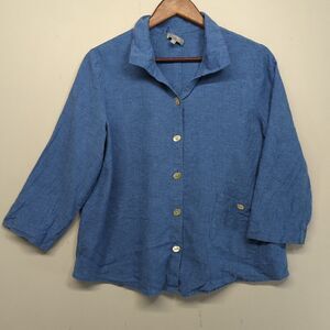 Habitat Clothes To Live In Womens S Blue Linen Blend 3/4 Sleeve Button Up Blouse